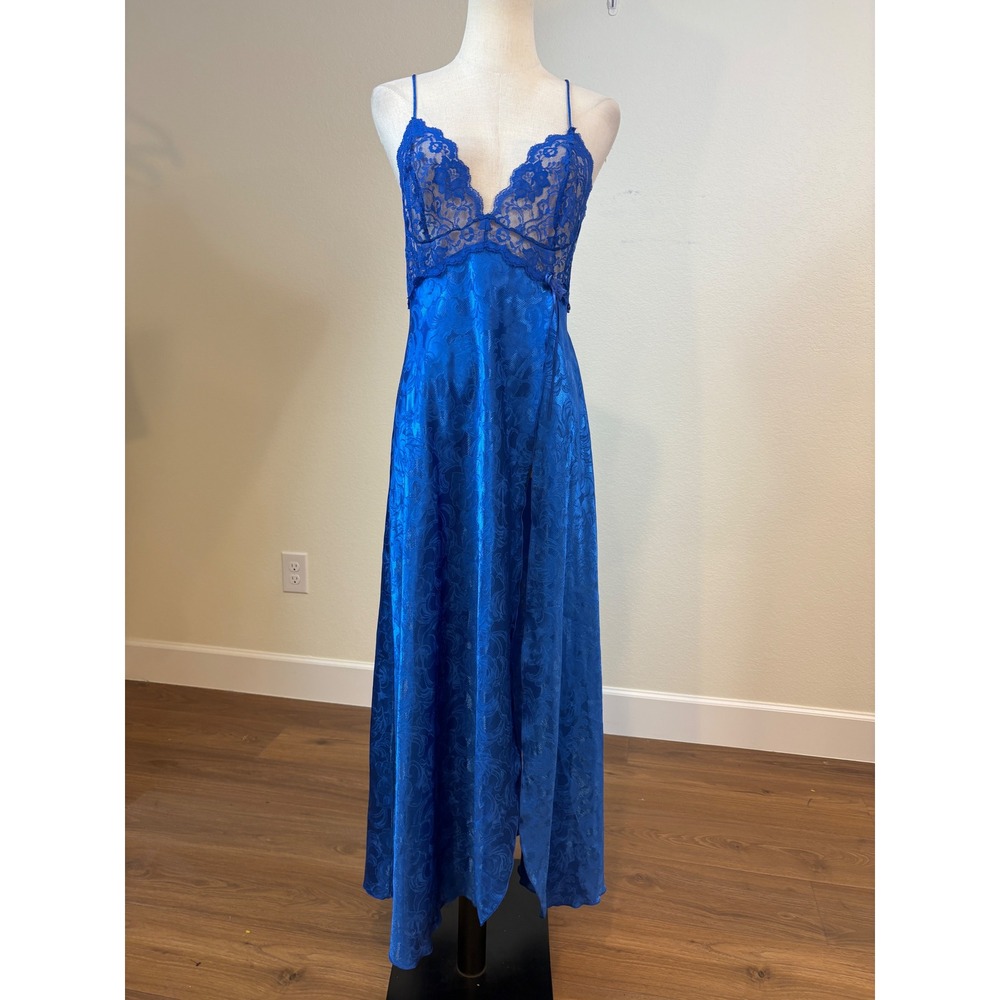 vtg Shirley of Hollywood Negligee Women L Blue‎ Lace Maxi Slip Dress Romantic